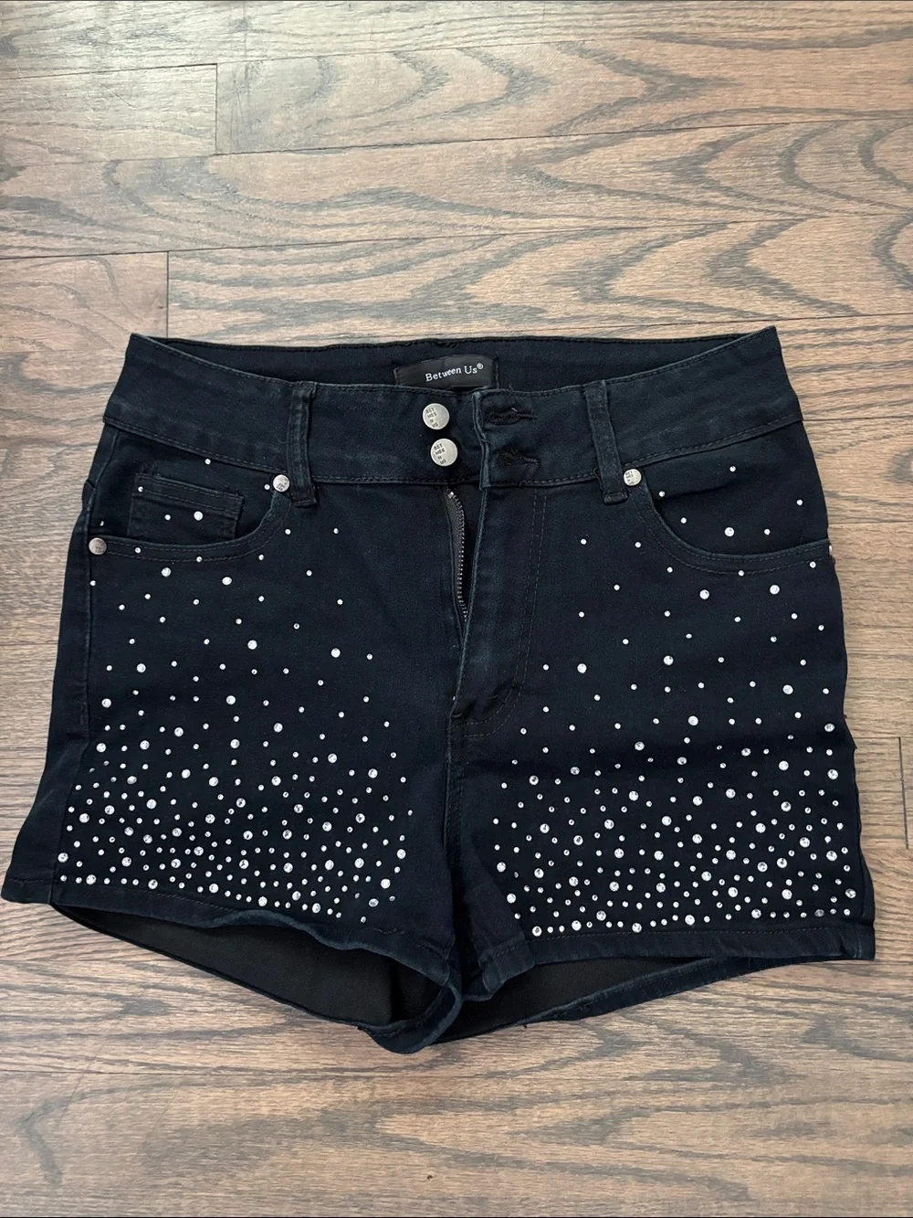 Black Rhinestone High-Rise Jean Shorts